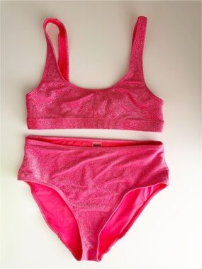 Good American Sparkle Bikini set bright coral pink shimmer fabric size S/M